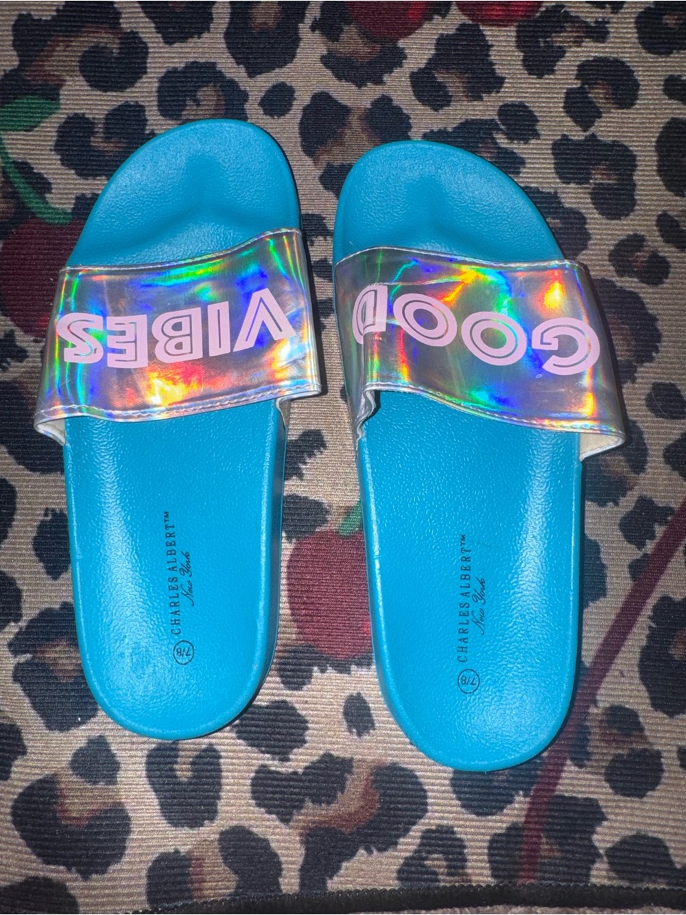 Charles Albert Turquoise Slide Sandals with Holographic Straps